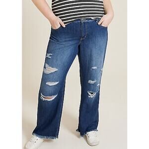 KanCan Distressed Dark Drape Ripped High Rise Wide Leg Jean Women's Plus Size 16